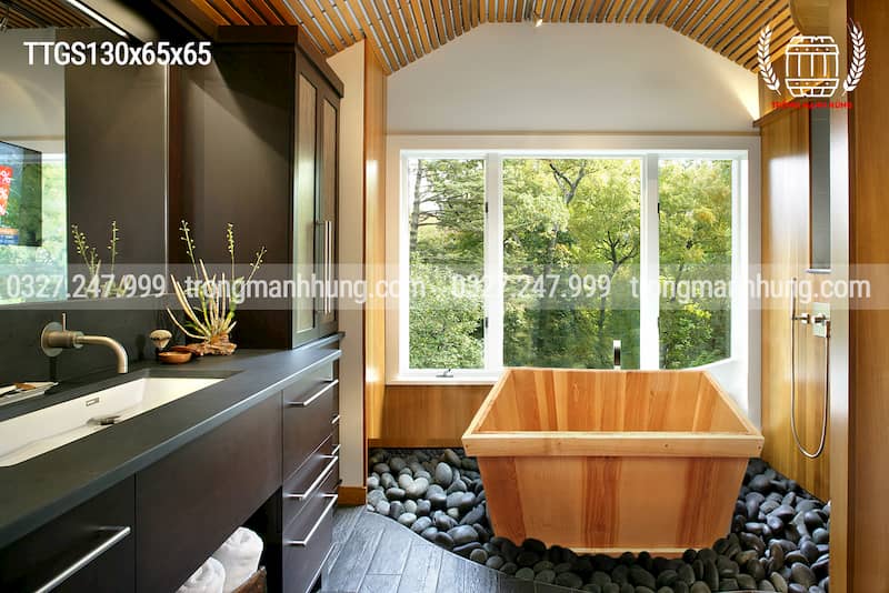 Bồn tắm gỗ sồi vuông